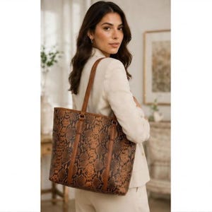 Women's Snake Print Tote Bag, Brown Python Embossed Vegan Leather Handbag, Roomy Shoulder Bag, Everyday Work Laptop Tote, Gift for Her