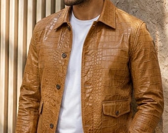 Crocodile Leather Jacket Men, Brown Embossed Leather Jacket, Luxury Genuine Leather Coat, Croc Texture Casual Fashion Gift for Him