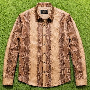 Men's Snake Print Leather Shirt Jacket, Python Pattern Faux Leather Overshirt, Reptile Print Casual Shacket, Exotic Statement Gift