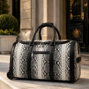 May include: A rolling duffel bag featuring a black and white snakeskin pattern. The bag includes black leather-like trim, two top handles, a zippered front pocket, and a main compartment with dual silver-toned metal zippers and wheels at the base.