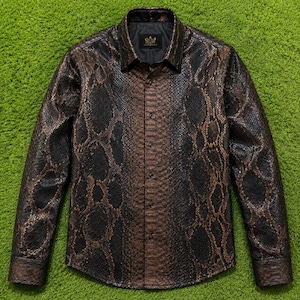 Snakeskin Print Men's Leather Shirt Jacket, Python Pattern Vegan Leather Shacket, Brown Black Bronze Overshirt, Handmade Gift for Him