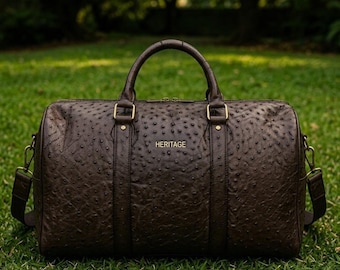 Genuine Leather Ostrich Pattern Weekender Bag for Men, Large Capacity Travel Duffle Bag with Adjustable Shoulder Strap