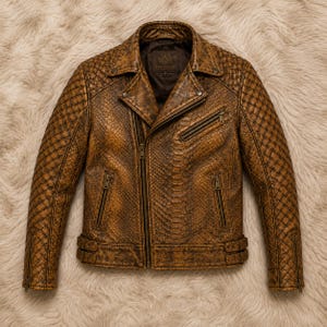 Men's Brown Woven Leather Jacket, Python Snake Print Biker Jacket, Genuine Leather Moto Coat, Rugged Style, Handmade Gift for Him Husband