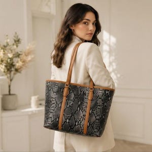 Snake Print Python Leather Tote Bag, Grey Black Snake Skin Purse, Tan Handle Leather Shoulder Bag for Women, Everyday Work Gift for Her