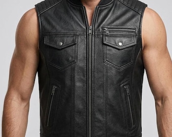 Gilet da uomo in pelle nera / Gilet da motociclista urbano in vera pelle / Gilet bomber da uomo in vera pelle / Regalo per lui/fidanzato