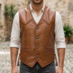 May include: A tan leather vest featuring a braided trim along the edges, four decorative silver-toned buttons, and side lacing with dangling tassels. The vest is worn over a white long-sleeved button-down shirt and dark gray denim jeans.
