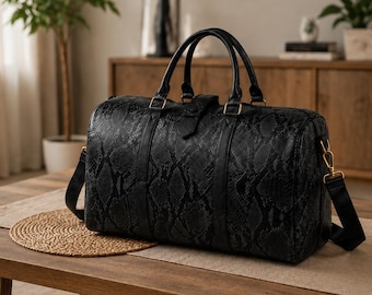 Schwarze Schlangenleder Reisetasche, schwarze Leder Reisetasche, Weekender Tasche, Handgemacht, Geschenk für Männer