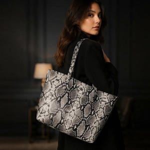 Handtasche aus veganem Kunstleder mit Schlangenmuster (Python), schwarz-graue Schlangenleder-Geldbörse, große Arbeitstasche, Geschenkidee mit Tiermotiv für Sie