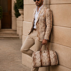 Men's Snake Print Blazer & Matching Duffel Bag Set , Python Print Suit Jacket + Travel Weekender Bag , Luxury Beige Menswear Gift Idea