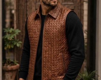 Mens Leather Vest, Cognac Brown, Woven Braided, Sleeveless Jacket, Collar, Handmade, Basketweave, Christmas Gift for Him, Rugged Casual Wear