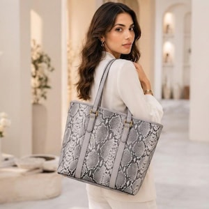 Large Snake Print Tote Bag for Women, Grey Vegan Leather Shoulder Bag, Work Tote with Laptop Pocket, Multiple Pockets, Gift for Her Coworker