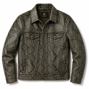 May include: Green and black snakeskin-patterned leather jacket with a button-up front, two chest pockets, and two side pockets. The jacket has a collared neckline and the brand name "AURELIUS Leather" is visible on a tag inside the jacket.