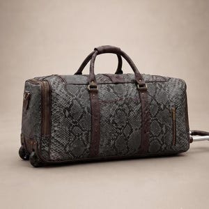 Premium Snakeskin Leather Rolling Weekender Bag | Large Capacity Carry-On Luggage | Luxury Travel Duffel Bag for Men’s Business Trip