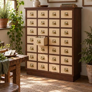May include: A tall wooden apothecary cabinet with a dark brown frame and twenty-four light-colored drawers. Each drawer features a brass cup pull handle and a small label holder. One drawer is pulled open to reveal its contents.