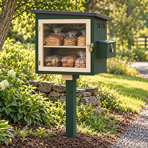 May include: A dark green outdoor food pantry box mounted on a post, featuring a glass-front door with a cream-colored frame, a small side compartment with a lock, and two interior shelves holding various packaged baked goods like bread and muffins.
