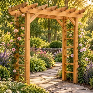 May include: A wooden garden arbor featuring a rectangular frame with a slatted top and two side lattice panels. The structure is constructed from light brown timber and is adorned with climbing pink roses and green foliage.