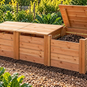 May include: A triple-bin wooden compost system constructed from horizontal cedar planks. The unit features three separate compartments, each with a hinged lid. The rightmost lid is propped open, revealing dark soil inside the slatted wooden structure.