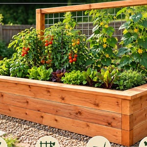 Puede incluir: Un bancal elevado rectangular de madera de cedro con un enrejado de alambre metálico alto integrado. La jardinera está llena de varias verduras de hoja verde, hierbas y plantas de tomate con tomates rojos pequeños y flores amarillas.