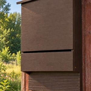 May include: A dark brown wooden mailbox with a flat, angled top lid and a horizontal mail slot. The front panel features a smooth, solid surface above the opening, while the lower section has a series of thin, horizontal engraved lines.