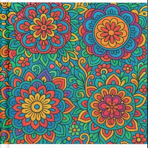 May include: A vibrant, colorful floral pattern with a teal background. The design features large, stylized flowers in shades of red, orange, yellow, blue, and purple, with green leaves and smaller flowers. The overall aesthetic is reminiscent of a mandala or bohemian style.