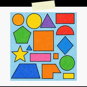 Peut inclure: Illustration colorée de diverses formes géométriques, dont des cercles, des triangles, des carrés et une étoile, toutes bordées de noir. Les formes sont remplies de couleurs vives comme le jaune, le vert, l'orange et le bleu, sur fond bleu clair.