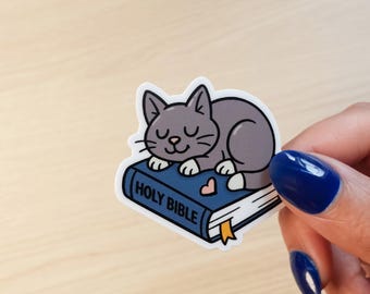 Christian Cat on Bible Sticker – Waterproof Vinyl Decal