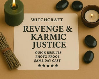 May include: An arrangement of witchcraft items on a tan surface. A green candle with a lit flame, a bundle of dried herbs, and a small wooden bowl with a lit candle are visible. The text on a card reads "Witchcraft Revenge & Karmic Justice".