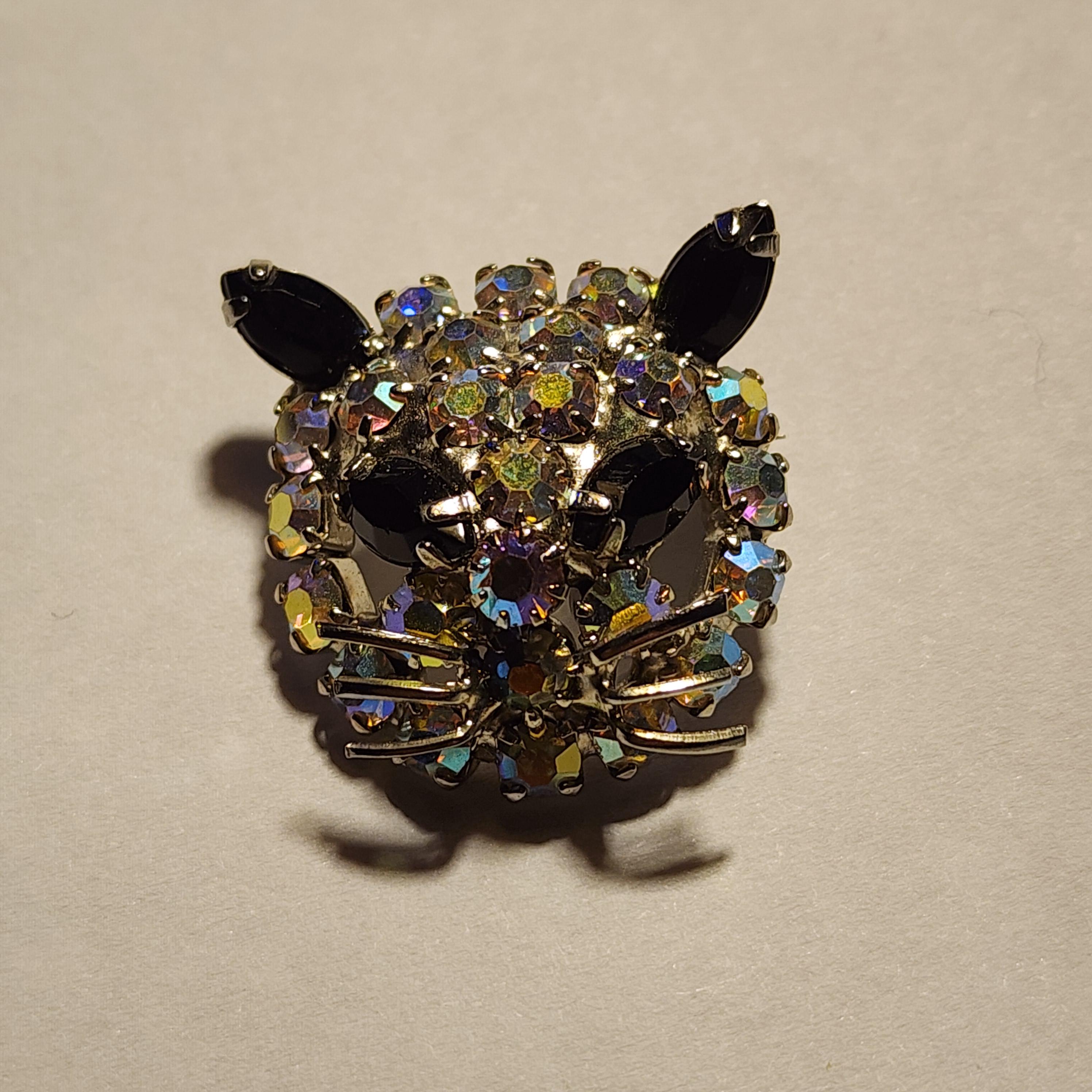 Vintage Colorful Rhinestone Cat Face Brooch Pin - Etsy