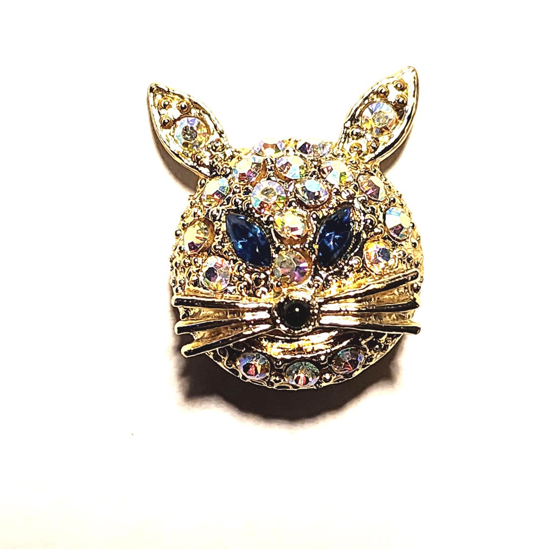 Vintage Rhinestone Cat Face Brooch Pin With Blue Eyes - Etsy