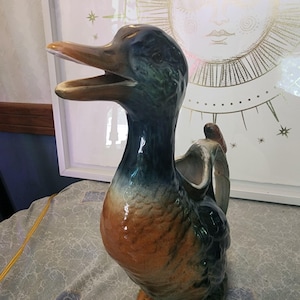 Vintage St Clement France Majolica Duck Pitcher 1950s French Barbotine Mallard Water Jug Decanter Mid Century Ceramic Pottery