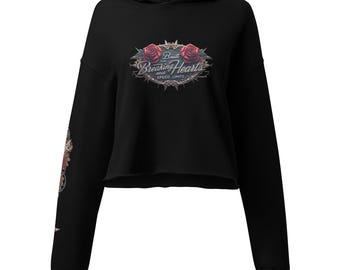 Women's Fleece Crop Hoodie - Raw Hem, Heartbreaker Design