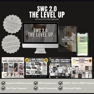 Puede incluir: Gráfico promocional de un programa de afiliados. Presenta un monitor de ordenador, una tableta y un smartphone que muestran los detalles del programa. El texto dice "SWC 2.0 THE LEVEL UP AFFILIATE PROGRAM." Ventajas: 85% de comisión y productos de bonificación.