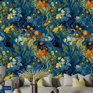 May include: Wallpaper featuring a colourful floral pattern in blue, yellow, orange, and white. The design showcases stylized flowers and flowing lines, creating a dynamic and artistic appearance. The wallpaper is installed on a wall behind a sofa.