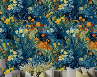 Midnight Floral Wallpaper – Van Gogh Style Art Wall Mural