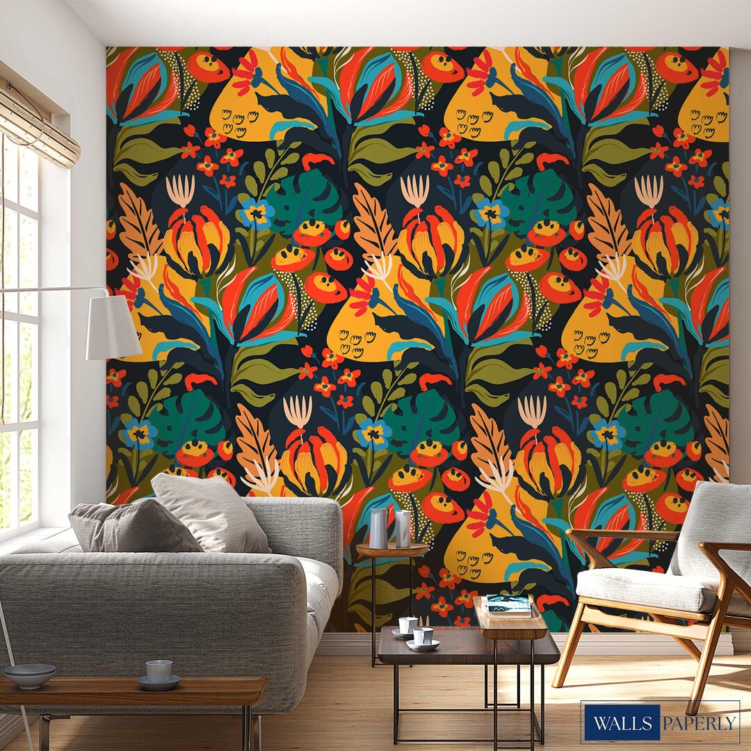 Bold Abstract Floral Pattern Wallpaper Colorful Flowers Wall Mural - Etsy