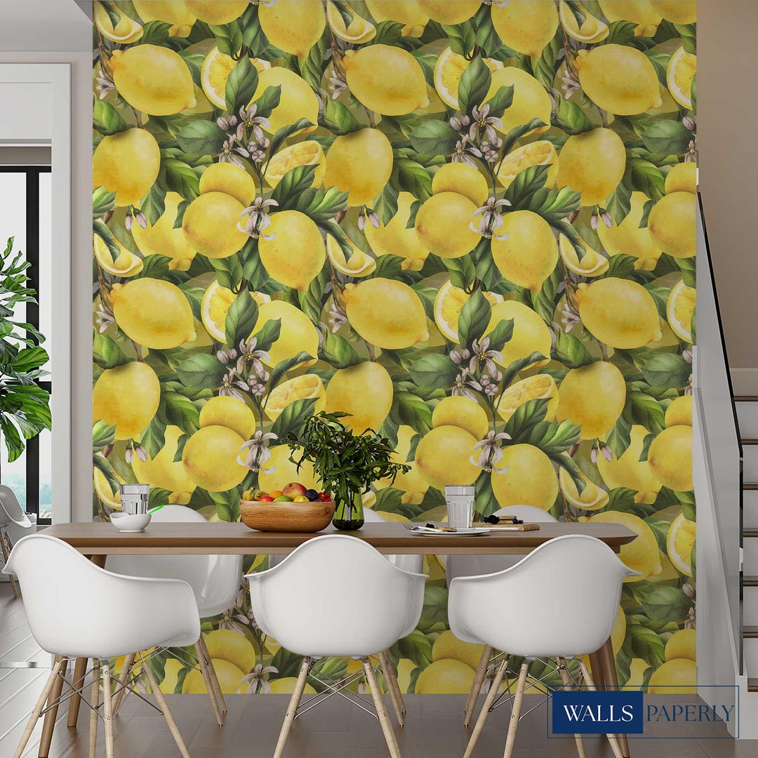 Lemon Pattern Wallpaper – Citrus Fruit Kitchen Wall Mural - Etsy