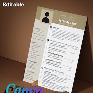 Puede incluir: Una plantilla de currículum vitae profesional con un diseño limpio. Incluye secciones para datos de contacto, habilidades y experiencia laboral. El texto está en una fuente clara, con la palabra "Canva" en la esquina inferior izquierda. El currículum está en una combinación de colores neutros.