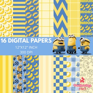 May include: A collection of 16 digital papers featuring yellow and blue patterns, including bananas, stripes, chevrons, and checkered designs. Three yellow minion characters in blue overalls are displayed. Text reads 16 DIGITAL PAPERS 12"X12" INCH 300 DPI.
