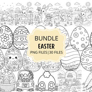 Puede incluir: Paquete de arte digital en blanco y negro con temática de Pascua. Incluye huevos de Pascua decorados, conejitos, zanahorias y escenas con conejitos. El texto de la imagen dice "BUNDLE EASTER PNG FILES | 30 FILES".