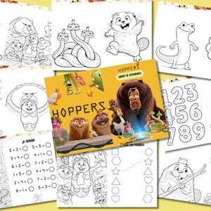 Puede incluir: Una colección de hojas de actividades infantiles y un libro titulado "HOPPERS". Las hojas presentan páginas para colorear con animales de dibujos animados, laberintos y ejercicios de números. La portada del libro muestra un oso y otros personajes.