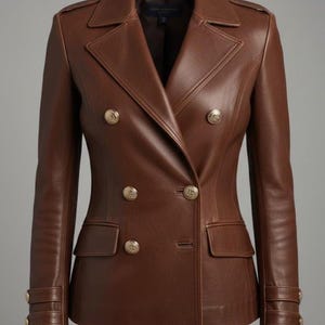 Puede incluir: Chaqueta de cuero marrón de doble botonadura con botones dorados. La chaqueta tiene un corte entallado, solapas con muescas y dos bolsillos delanteros. Las mangas tienen puños abotonados. Una prenda de abrigo clásica y elegante.