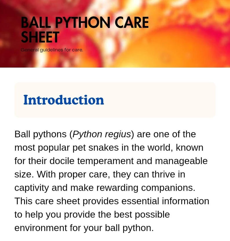 May include: A care sheet titled "BALL PYTHON CARE SHEET" with the subtitle "General guidelines for care." The sheet introduces ball pythons, highlighting their popularity as pets due to their docile nature and manageable size.