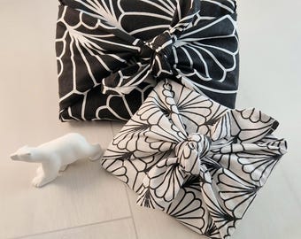 Lote de 2 Furoshiki 50x50 cm + otros tamaños "B&W Botanical" – Envoltorio de regalo de tela reutilizable – Alternativa cero residuos al papel