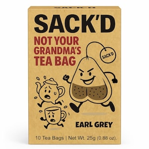 May include: A tan box of "SACK'D" Earl Grey tea bags. The box features a cartoon tea bag character with an angry face, running away from a teapot and teacup. The text "NOT YOUR GRANDMA'S TEA BAG" is also displayed.