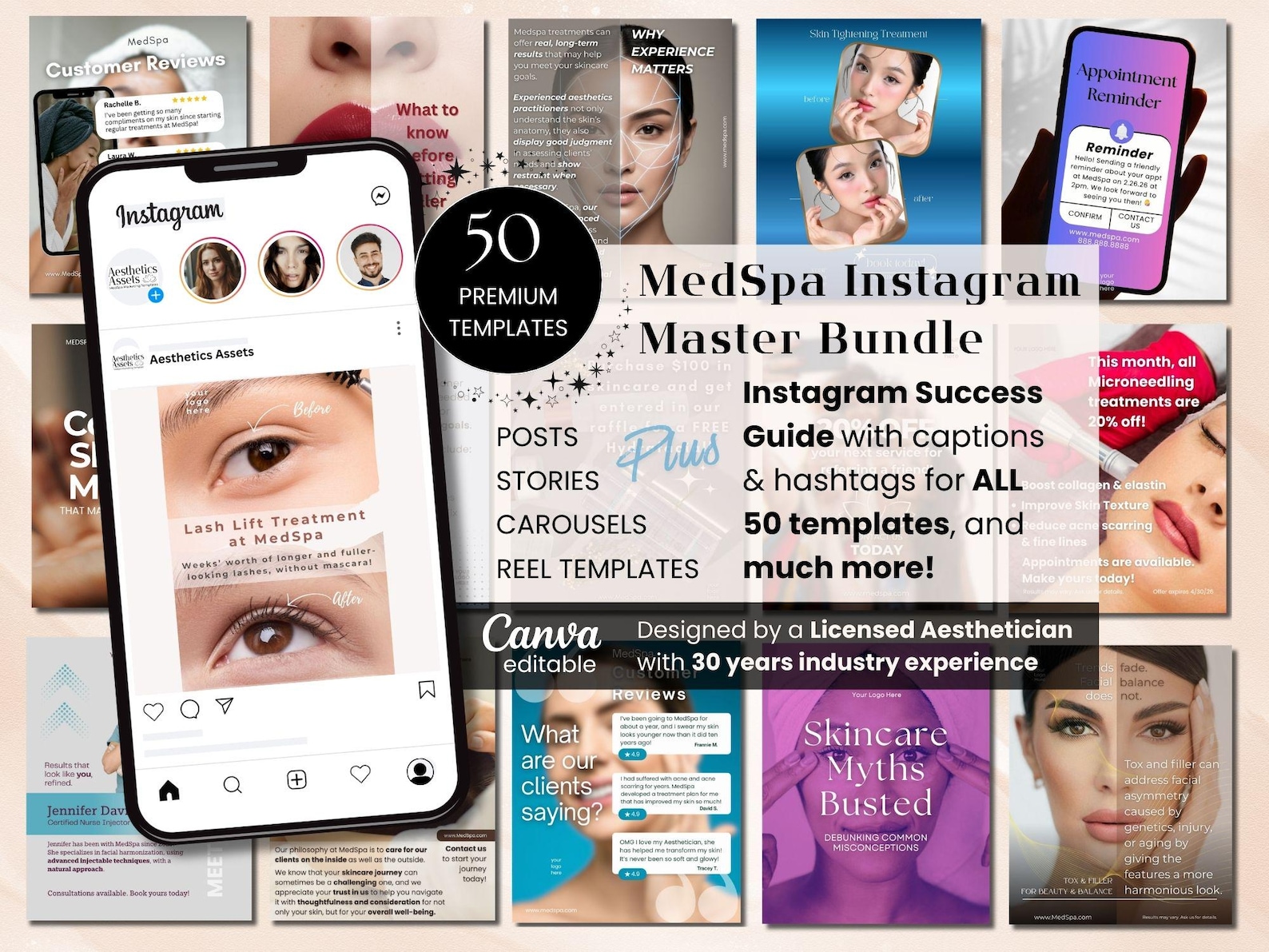 Medspa Instagram Templates | 50 Templates | Aesthetics Canva Bundle ...