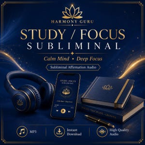 May include: A dark blue set featuring headphones, a smartphone displaying Study/Focus Subliminal audio, a notebook with a gold lotus logo, and a pen. Text includes Harmony Guru, Study/Focus Subliminal, Calm Mind, Deep Focus, MP3, Instant Download, and High Quality Audio.