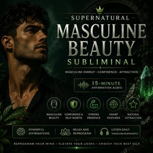 May include: A digital graphic featuring a man in a black shirt with the text SUPERNATURAL MASCULINE BEAUTY SUBLIMINAL. It includes a 15-MINUTE AFFIRMATION AUDIO label, icons for MASCULINE BEAUTY, CONFIDENCE, STRONG PRESENCE, SHARP FEATURES, and NATURAL ATTRACTION.