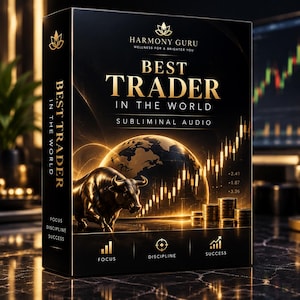 Pode incluir: Uma caixa de produto retangular preta intitulada "BEST TRADER IN THE WORLD" com o texto "SUBLIMINAL AUDIO". O design apresenta um touro dourado, um globo, um gráfico de velas de ações em ascensão, pilhas de moedas e as palavras "FOCUS," "DISCIPLINE," e "SUCCESS."