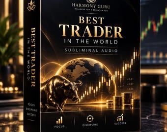 May include: A black rectangular product box titled "BEST TRADER IN THE WORLD" with "SUBLIMINAL AUDIO" text. The design features a gold bull, a globe, a rising stock market candlestick chart, stacks of coins, and the words "FOCUS," "DISCIPLINE," and "SUCCESS."
