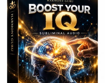 May include: A rectangular product box labelled Harmony Guru Boost Your IQ Subliminal Audio. The front features a graphic of a human head with a glowing brain surrounded by golden light rings, with a hand touching the top of the brain area.